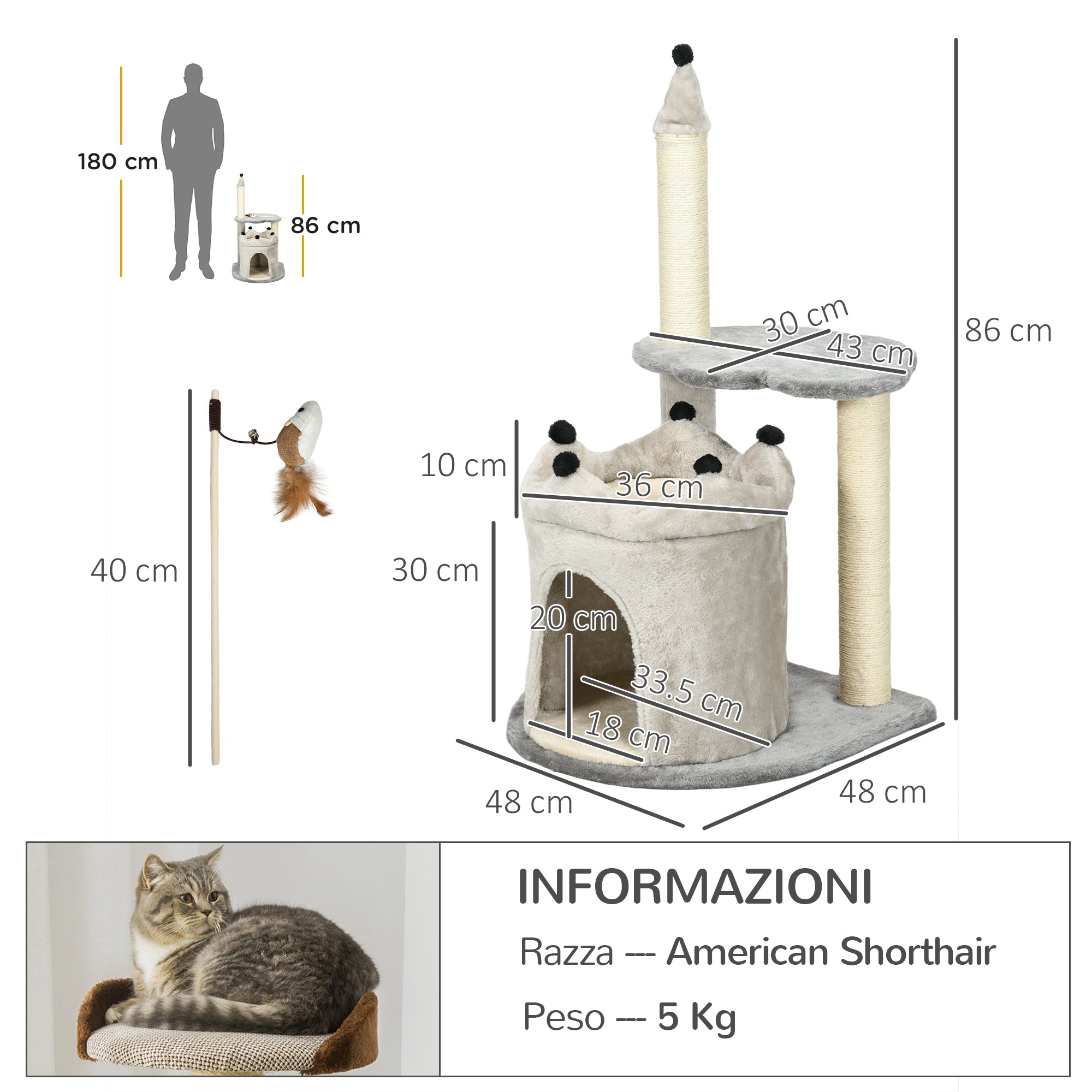 Albero Tiragraffi 48x48x86 cm Rivestimento Peluche con Gioco Grigio