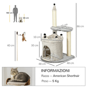 Albero Tiragraffi 48x48x86 cm Rivestimento Peluche con Gioco Grigio