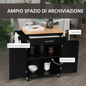 Carrello da Cucina 83x45x91,5 cm con Cassetto e Armadietto 2 Ante Ruote e Barra Laterale Nero