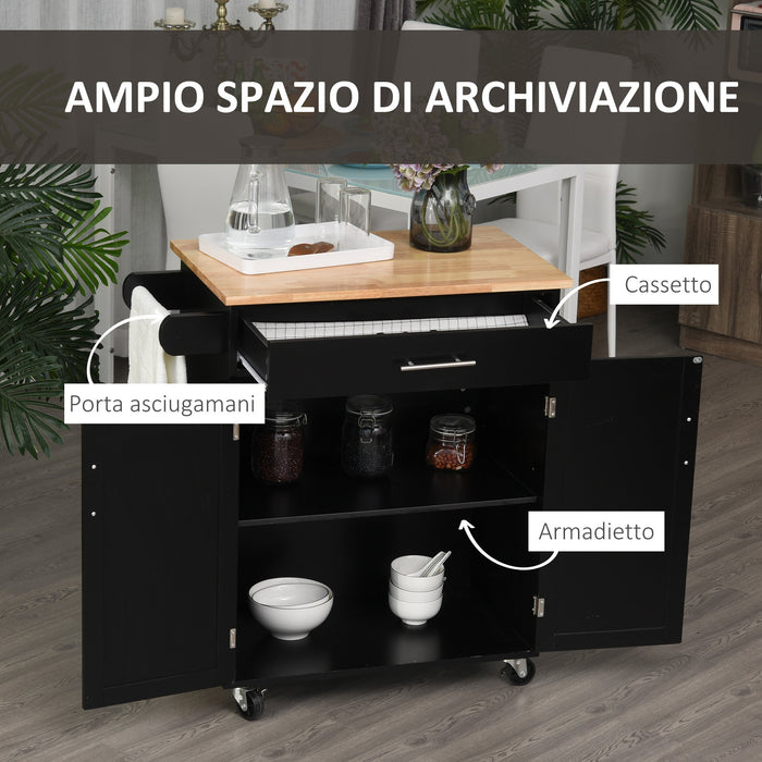 Carrello da Cucina 83x45x91,5 cm con Cassetto e Armadietto 2 Ante Ruote e Barra Laterale Nero