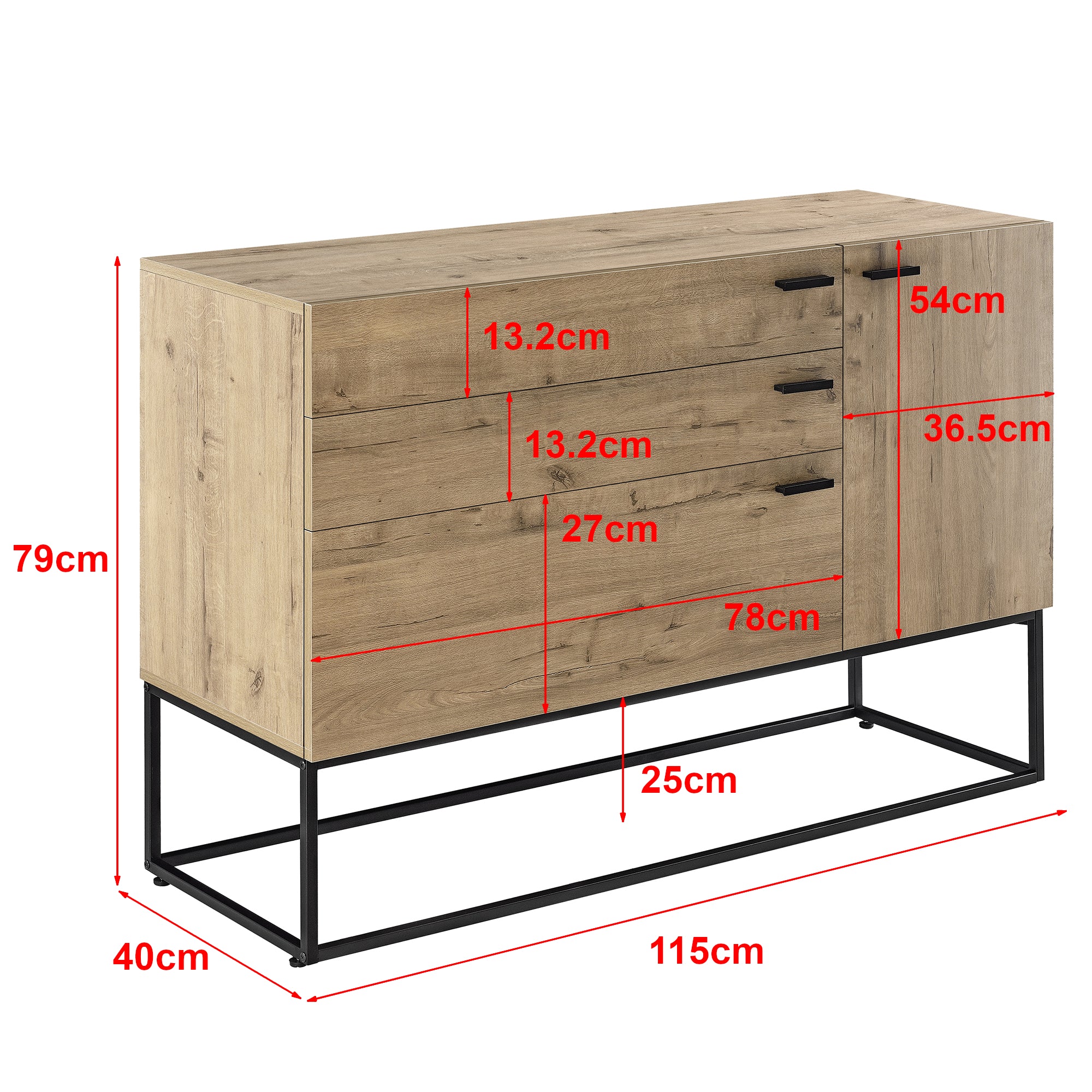 Comò a 3 Cassetti e 1 Anta (AxLxP) 79 x 115 x 40 cm Cassettiera e Armadietto con Ripiano - Mobiletto in Effetto Rovere