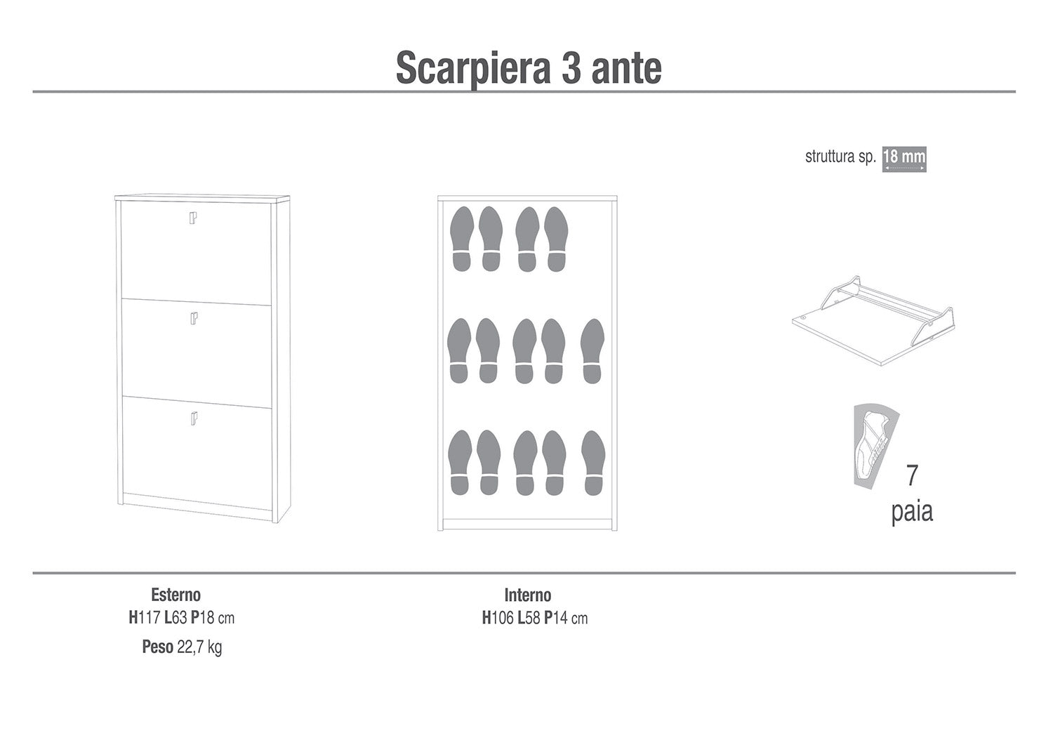 Scarpiera Salvaspazio 3 Ante 7 Paia  63x117x18 cm Noce Stelvio