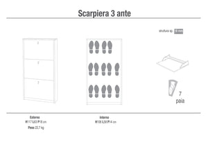 Scarpiera Salvaspazio 3 Ante 7 Paia  63x117x18 cm Noce Stelvio