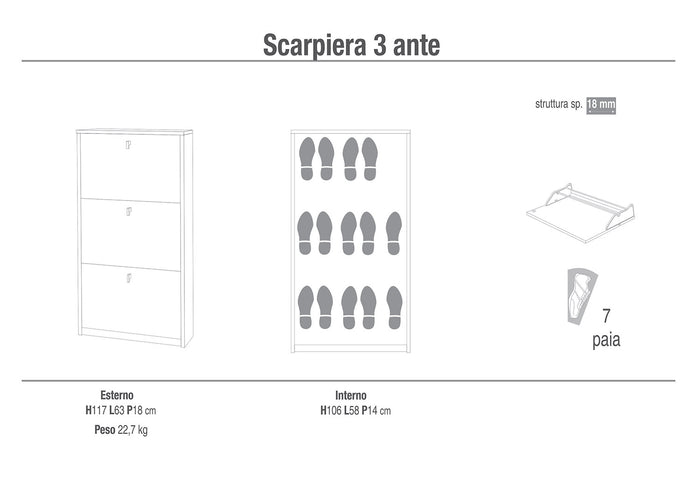 Scarpiera Salvaspazio 3 Ante 7 Paia  63x117x18 cm Noce Stelvio