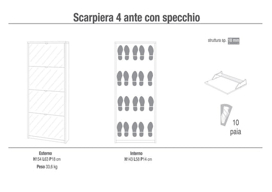 Scarpiera Salvaspazio 4 Ante 10 Paia  63x154x18 cm Noce Stelvio