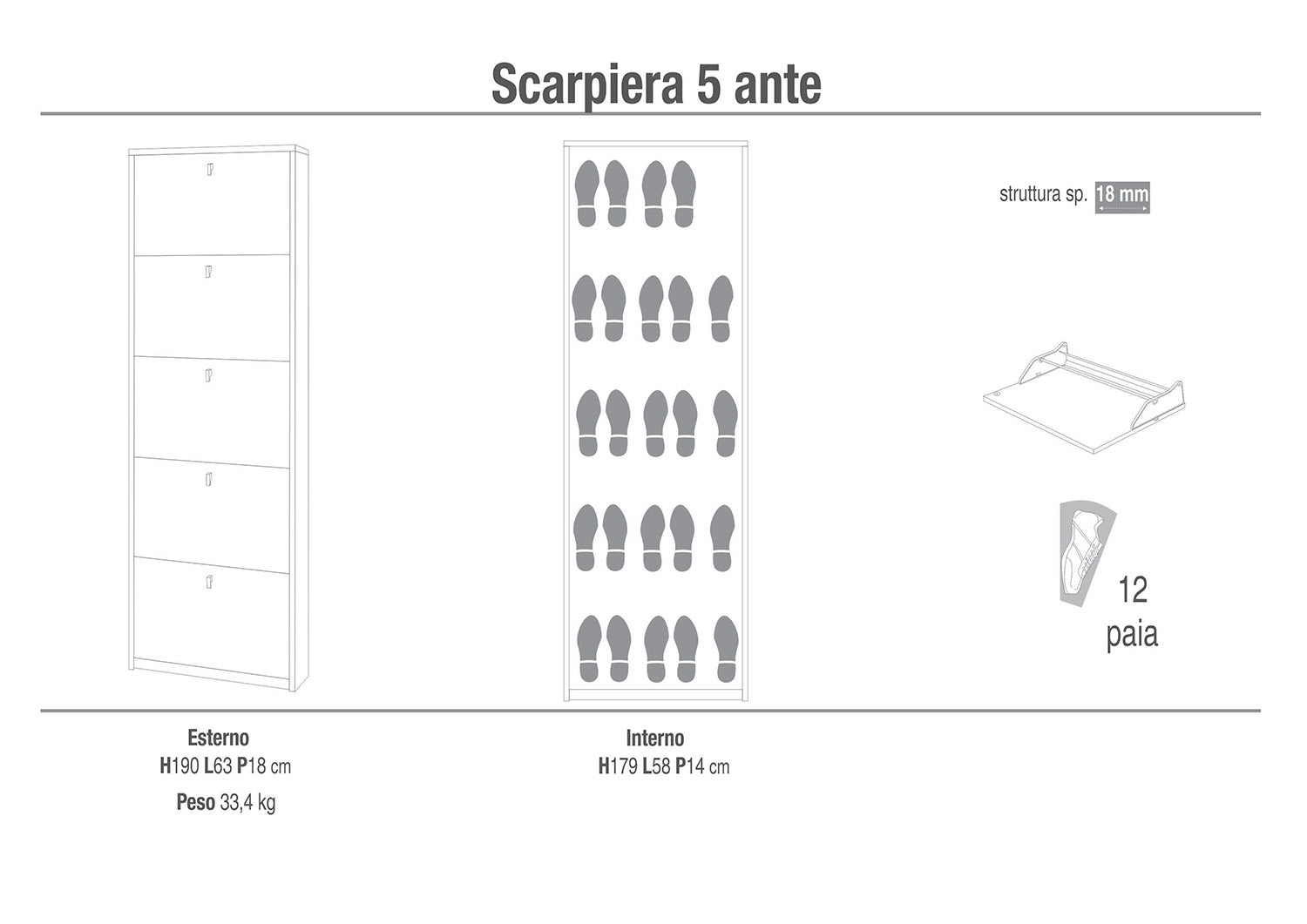 Scarpiera Salvaspazio 5 Ante 12 Paia  63x190x18 cm Noce Stelvio