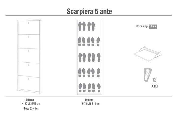 Scarpiera Salvaspazio 5 Ante 12 Paia  63x190x18 cm Noce Stelvio