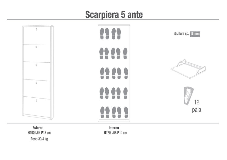 Scarpiera Salvaspazio 5 Ante 12 Paia  63x190x18 cm Noce Stelvio