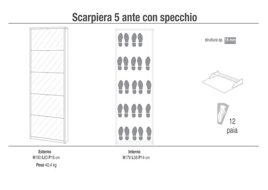 Scarpiera Salvaspazio 5 Ante con Specchio 12 Paia  63x190x18 cm Noce Stelvio