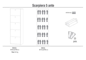 Scarpiera Salvaspazio 5 Ante 25 Paia 63x190x29 cm Noce Stelvio