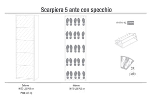 Scarpiera Salvaspazio 5 Ante con Specchio 25 Paia  63x190x29 cm Noce Stelvio