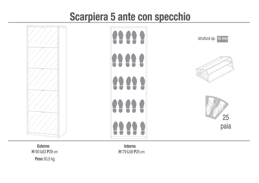 Scarpiera Salvaspazio 5 Ante con Specchio 25 Paia  63x190x29 cm Noce Stelvio