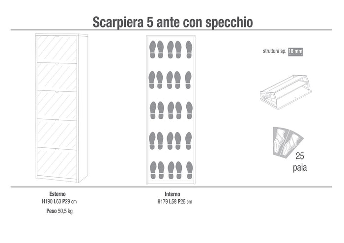 Scarpiera Salvaspazio 5 Ante con Specchio 25 Paia  63x190x29 cm Noce Stelvio