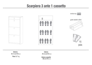 Scarpiera Salvaspazio 3 Ante 1 Cassetto 15 Paia 63x127x29 cm Noce Stelvio