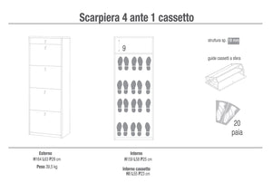 Scarpiera Salvaspazio 4 Ante 1 Cassetto 20 Paia 63x164x29 cm Noce Stelvio