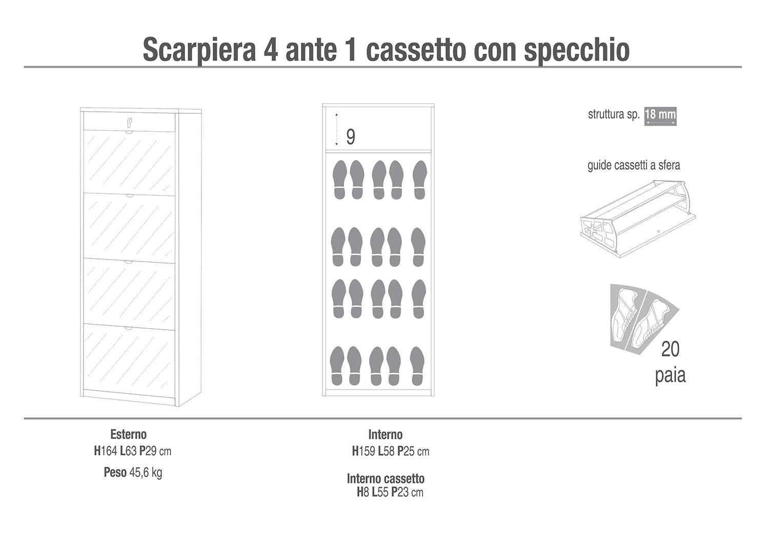 Scarpiera Salvaspazio 4 Ante con Specchio 1 Cassetto 20 Paia 63x164x29 cm Noce Stelvio