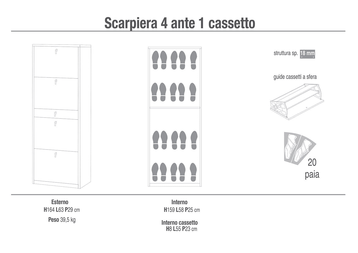 Scarpiera Salvaspazio 4 Ante 1 Cassetto 20 Paia 63x164x29 cm Noce Stelvio