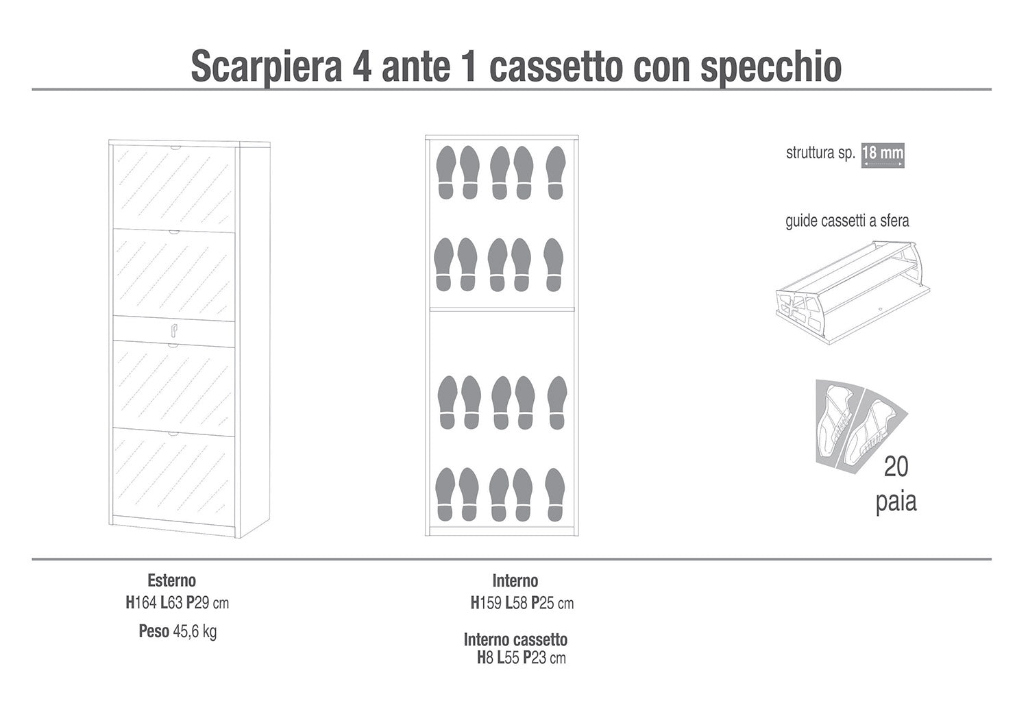 Scarpiera Salvaspazio 4 Ante con Specchio 1 Cassetto 20 Paia 63x164x29 cm Noce Stelvio