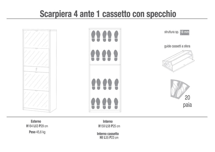 Scarpiera Salvaspazio 4 Ante con Specchio 1 Cassetto 20 Paia 63x164x29 cm Noce Stelvio