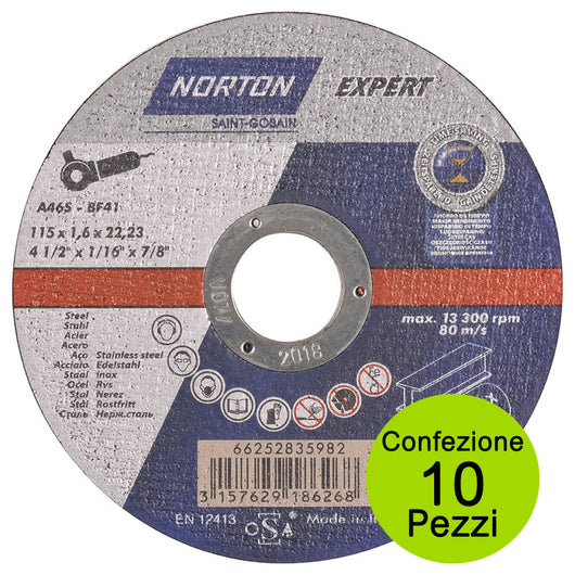 Multipack 10 pezzi dischi da taglio norton per acciaio inox mm 115x1,6x22,23