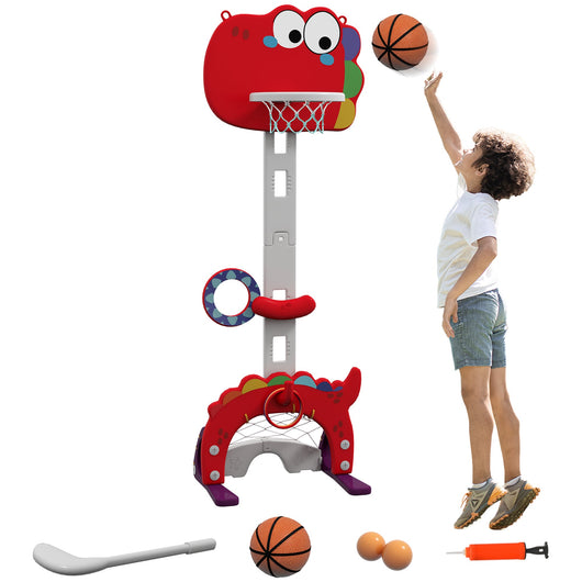 Canestro Basket per Bambini Regolabile 5 in 1 con Porta da Calcio e Golf Rosso