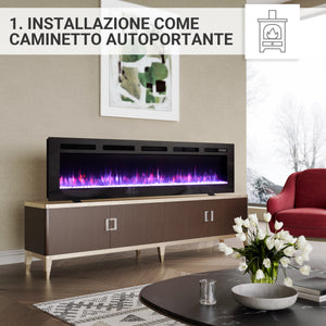 Camino elettrico Leif 70"| Caminetto elettrico 3 in 1 autoportante, a parete o a incasso