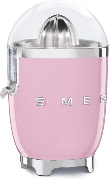 Smeg, spremiagrumi elettrico cjf01pkeu, spremitura a pressione manuale, beccuccio antigoccia e cono universale, base antiscivolo, avvolgicavo integrato, 70w, rosa