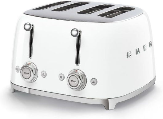 Smeg, tostapane 4x4 tsf03wheu, 4 scomparti per 4 fette, 6 livelli di doratura, funzione riscaldamento, scongelamento e bagel, espulsione automatica del pane, 2 cassetti raccoglibriciole, 2000w, bianco