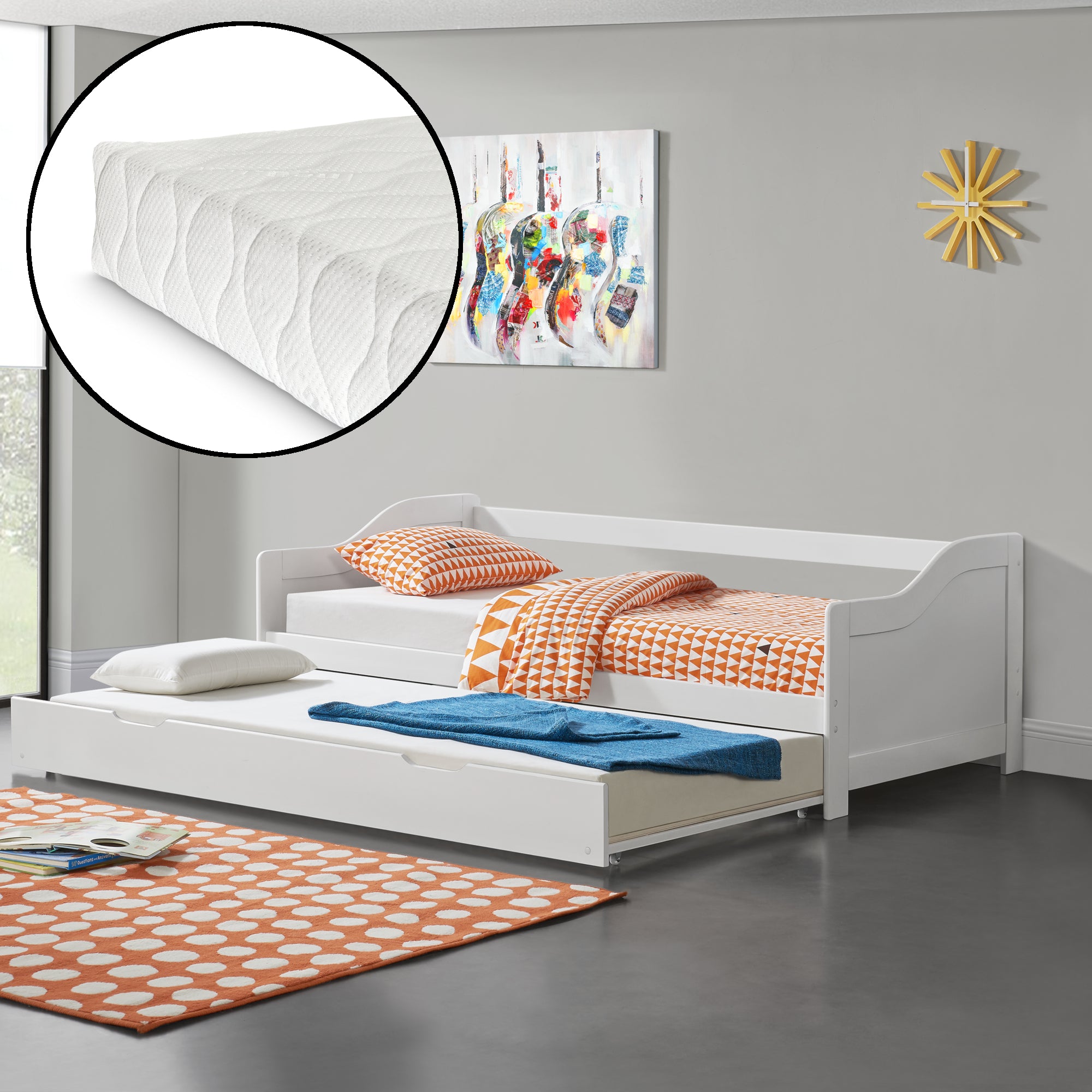 [en.casa] Divano con Secondo Letto Estraibile + 2 Materassi 90 x 200 cm 2 Posti Letto 2 Letti Singoli - Bianco