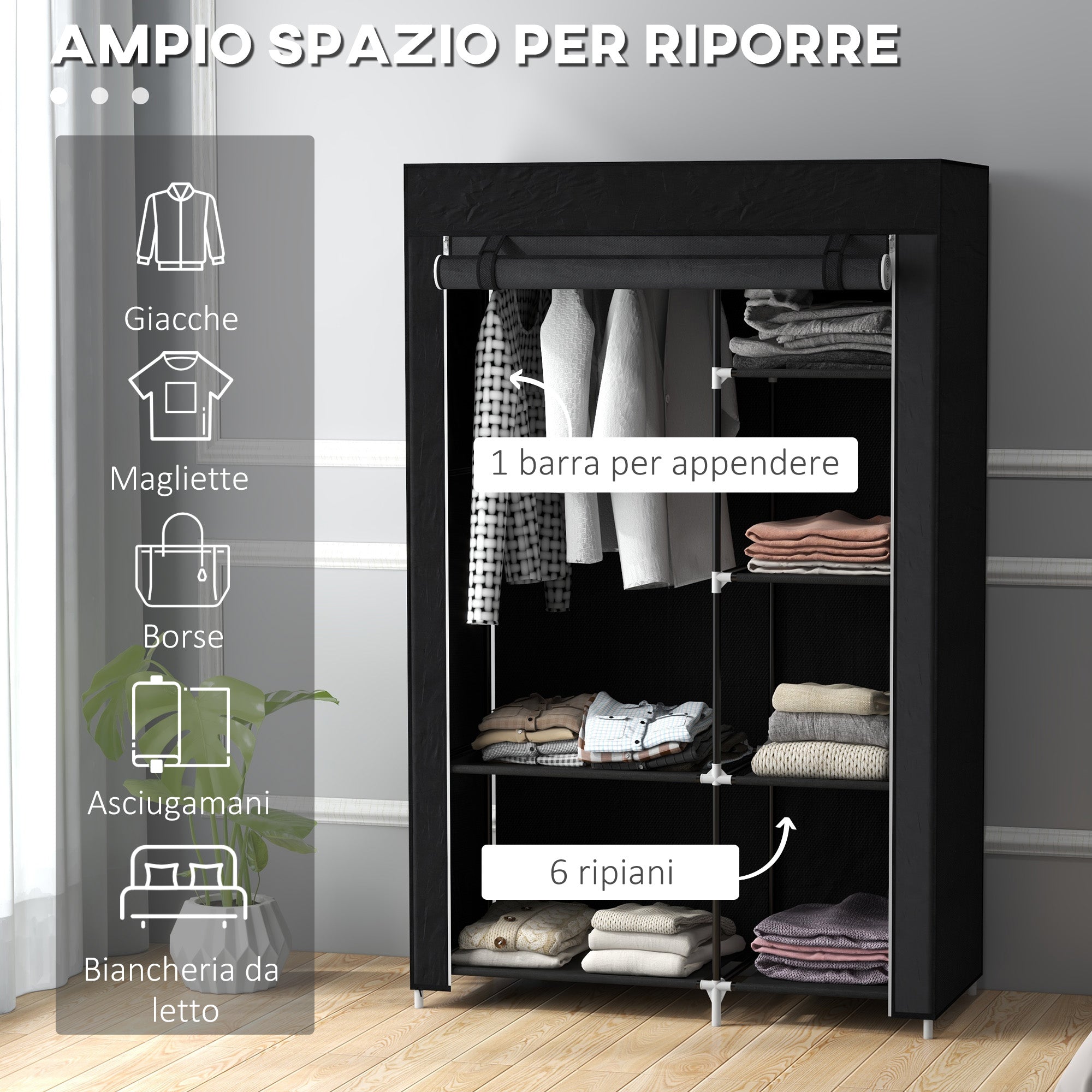 Armadio in Tessuto Portatile 103x43x162,5 cm Appendiabiti e 6 Ripiani Nero