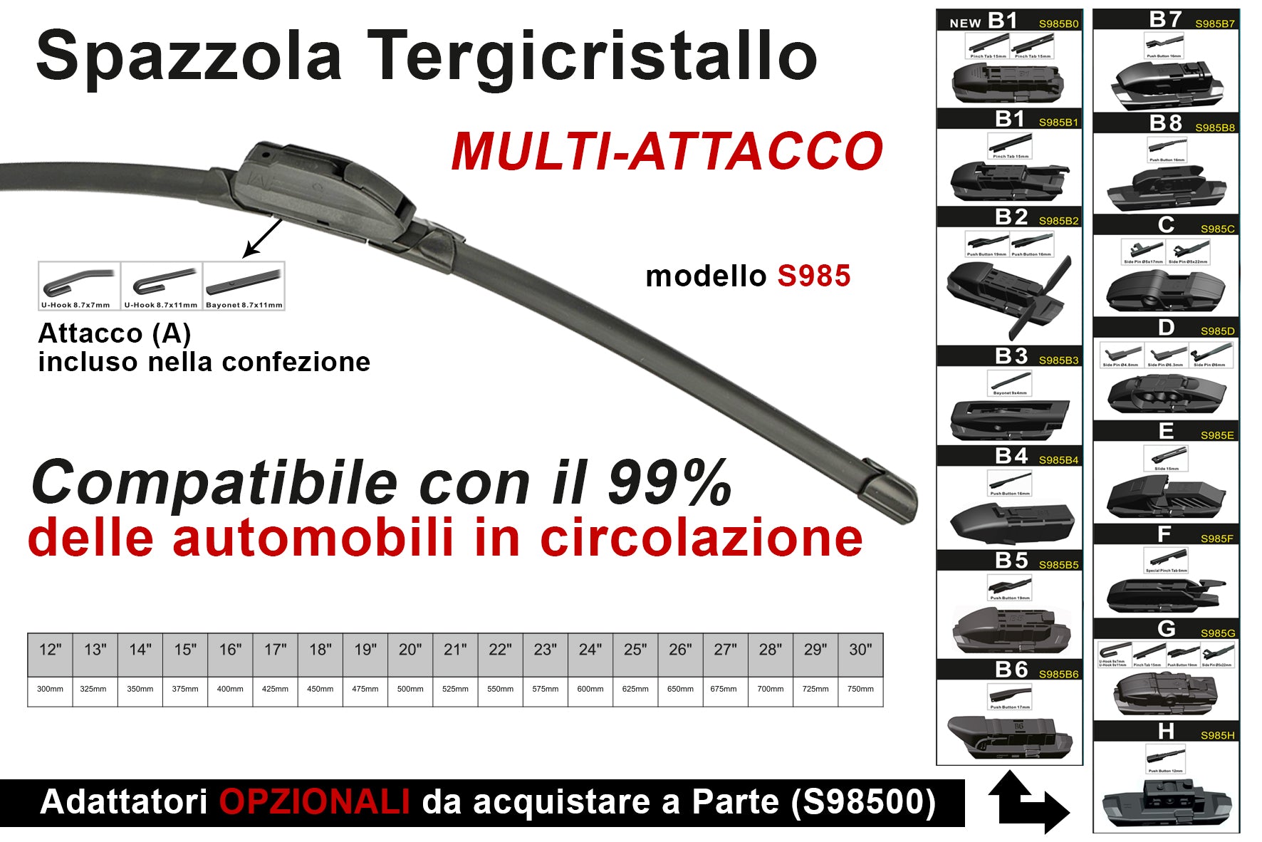 Spazzola Tergicristallo Auto Universale S985 12" 300mm Carall 16 Attacchi Opzionale