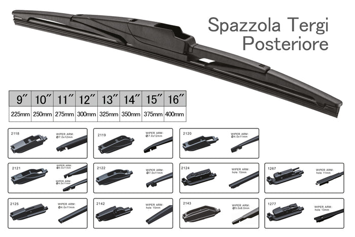 Spazzola Tergicristallo Posteriore Auto 15" 375mm 10 Attacchi Universale Multi Adattatori