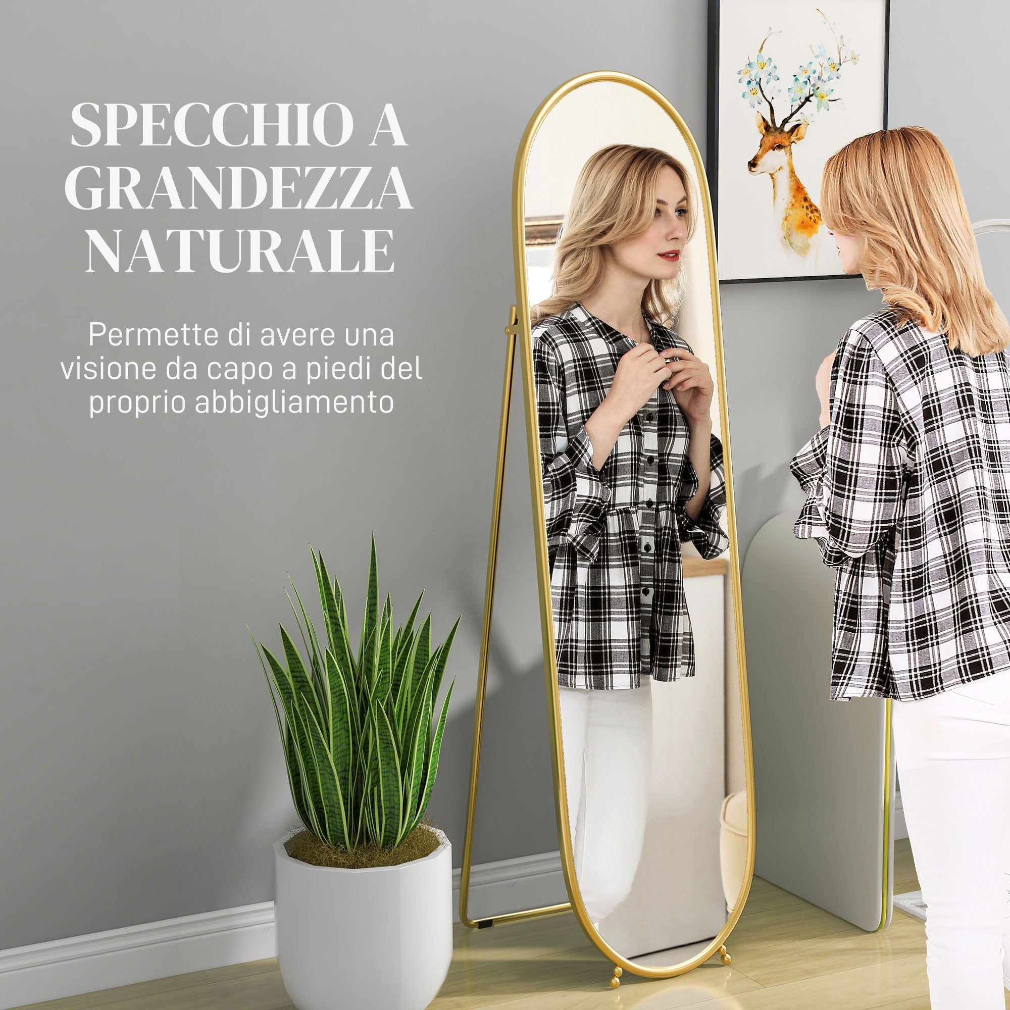 Specchio da Terra Ovale con Supporto 40x41x159 cm in Vetro e Metallo Oro