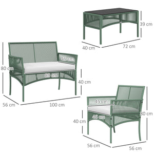 Set da Giardino Divano 2 Poltrone e Tavolino Piano in Vetro   Verde