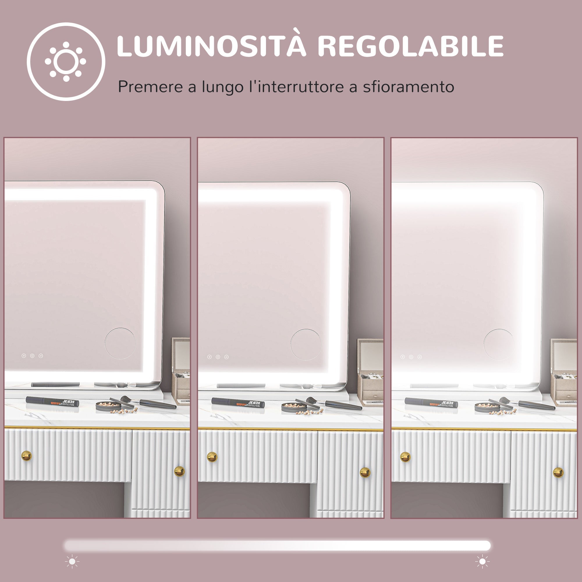 Specchio Trucco 80x62x14 cm con LED Regolabili Touch e Ingranditore 10x