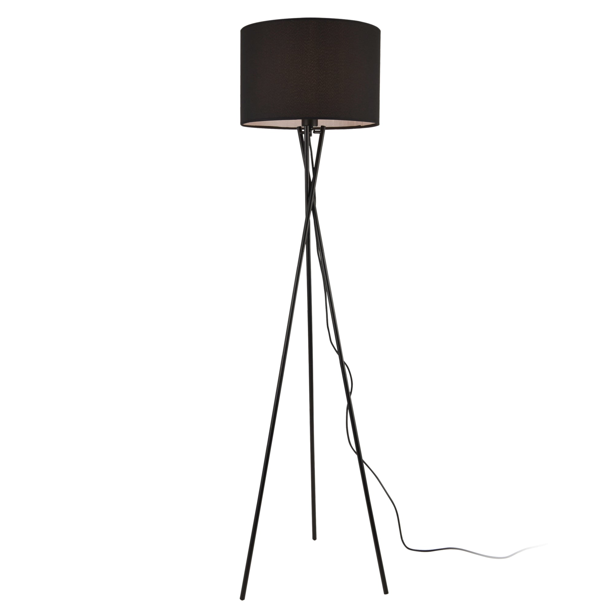 Lampada da Terra in Stile Treppiede - Altezza 154 cm - Piantana Tripode con Paralume Cilindrico Ø 38 in Tessuto  - Nero