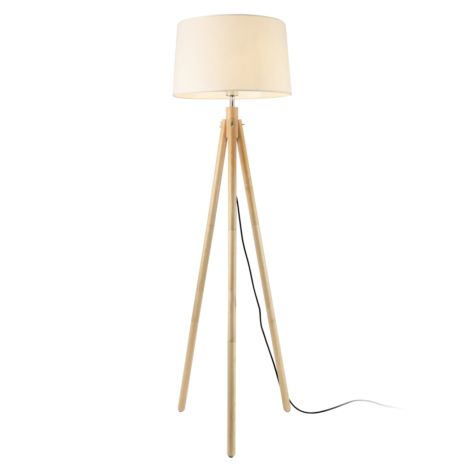 Lampada da Terra in Stile Treppiede Alta 153 cm Piantana Tripode con Paralume Conico in Tessuto Bianco e Gambe in Legno,