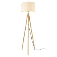 Lampada da Terra in Stile Treppiede Alta 153 cm Piantana Tripode con Paralume Conico in Tessuto Bianco e Gambe in Legno,