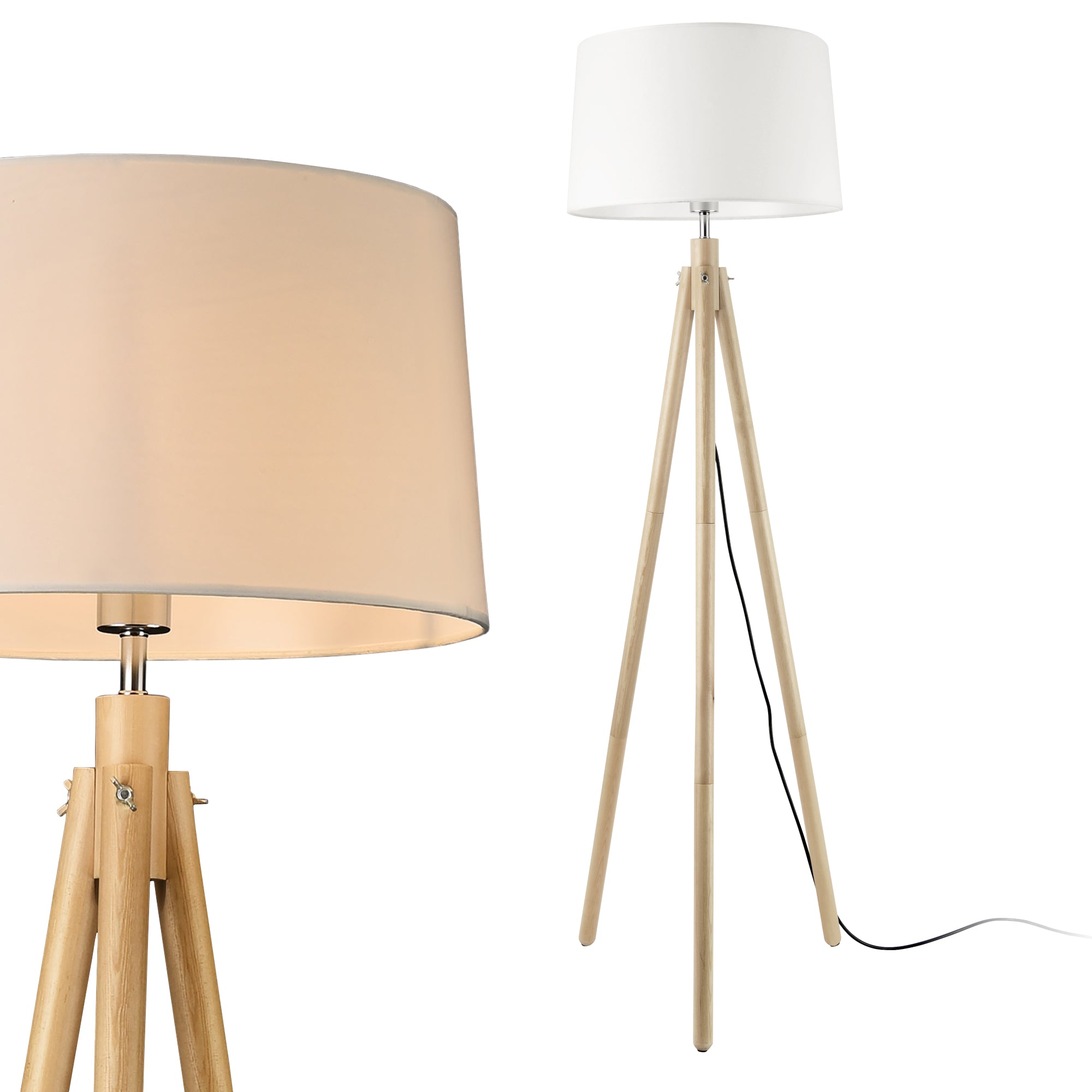 Lampada da Terra in Stile Treppiede Alta 153 cm Piantana Tripode con Paralume Conico in Tessuto Bianco e Gambe in Legno,