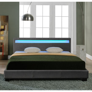 Letto Francese a Testiera Alta con Illuminazione a LED e Materasso 140x200 cm Tessuto Grigio Scuro Corium