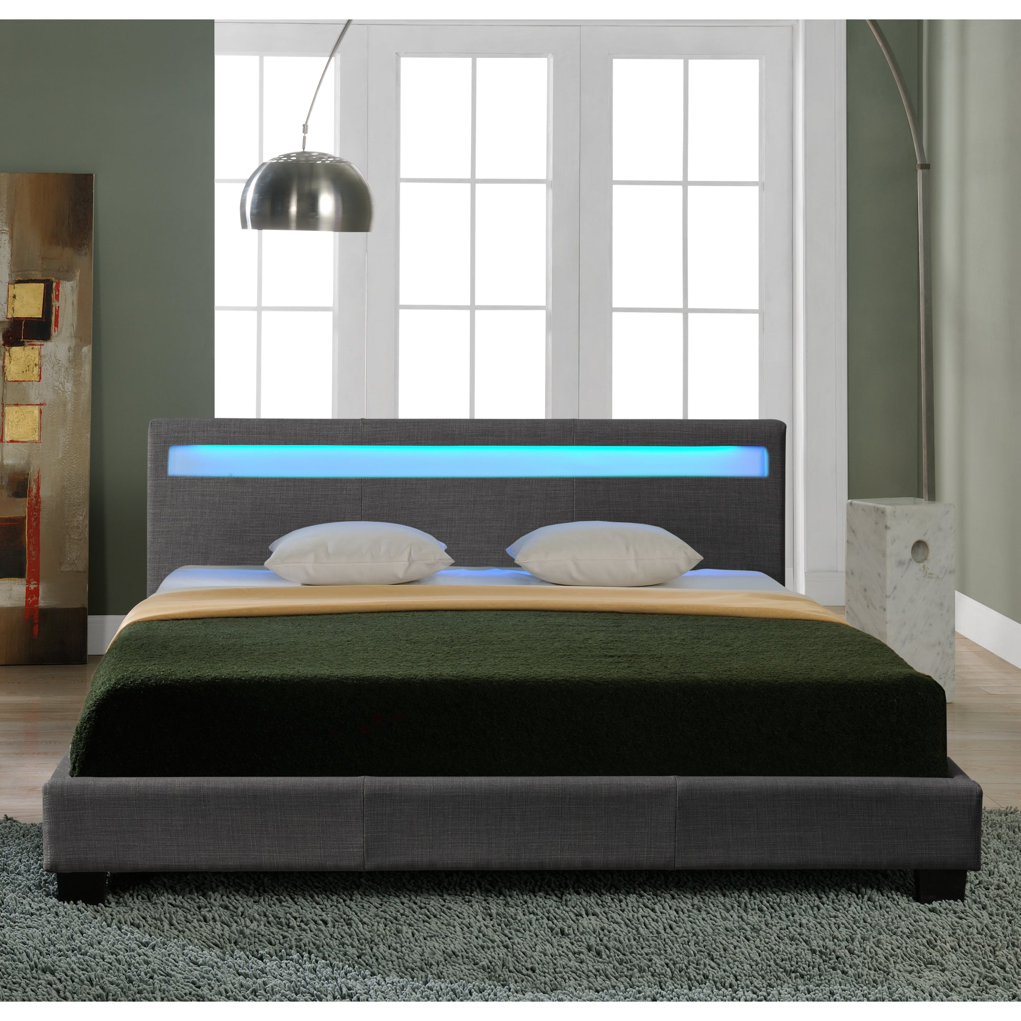 Letto Francese 140x200 cm a Testiera Alta con Illuminazione a LED Tessuto Grigio Scuro Corium