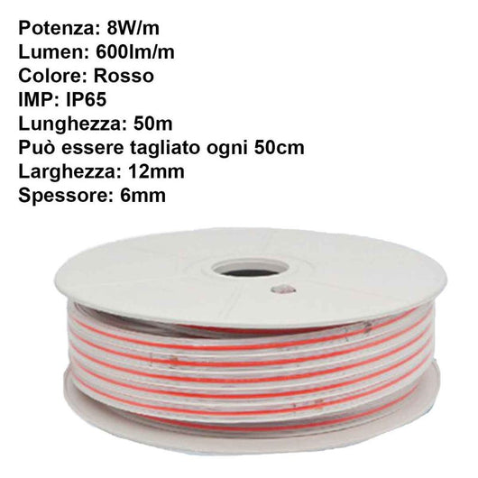 Striscia Luminosa COB 50M 8W/M 220V-240V 600lm IP65 CRI=80 Angolo 180° Colore Luce Rossa