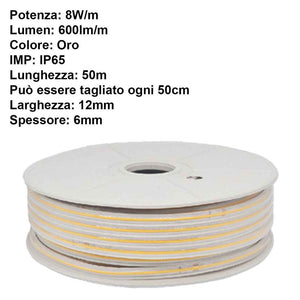 Striscia Luminosa COB 50M 8W/M 220V-240V 600lm IP65 CRI=80 Angolo 180° Colore Luce Oro