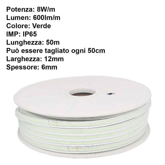 Striscia Luminosa COB 50M 8W/M 220V-240V 600lm IP65 CRI=80 Angolo 180° Colore Luce Verde