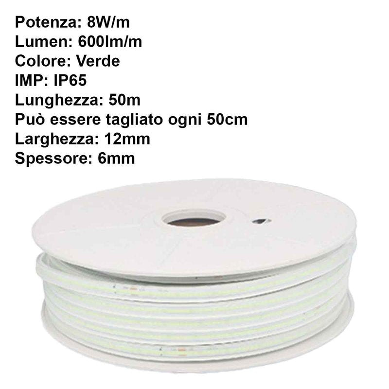 Striscia Luminosa COB 50M 8W/M 220V-240V 600lm IP65 CRI=80 Angolo 180° Colore Luce Verde