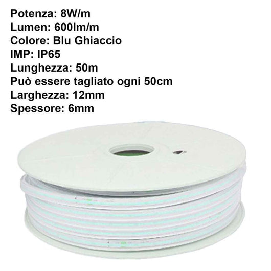 Striscia Luminosa COB 50M 8W/M 220V-240V 600lm IP65 CRI=80 Angolo 180° Colore Luce Blu Ghiaccio