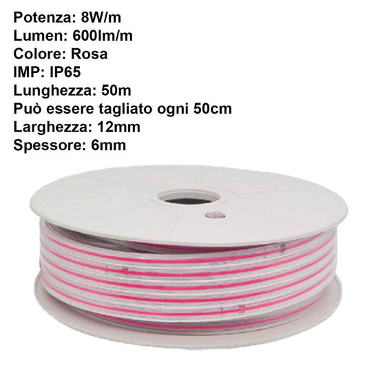 Striscia Luminosa COB 50M 8W/M 220V-240V 600lm IP65 CRI=80 Angolo 180° Colore Luce Rosa