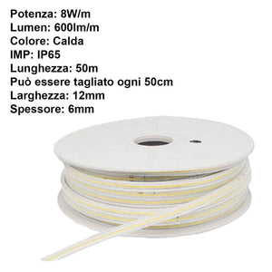 Striscia Luminosa COB 50M 8W/M 220V-240V Luce Calda 3000K 600lm IP65 CRI=80 Angolo 180°