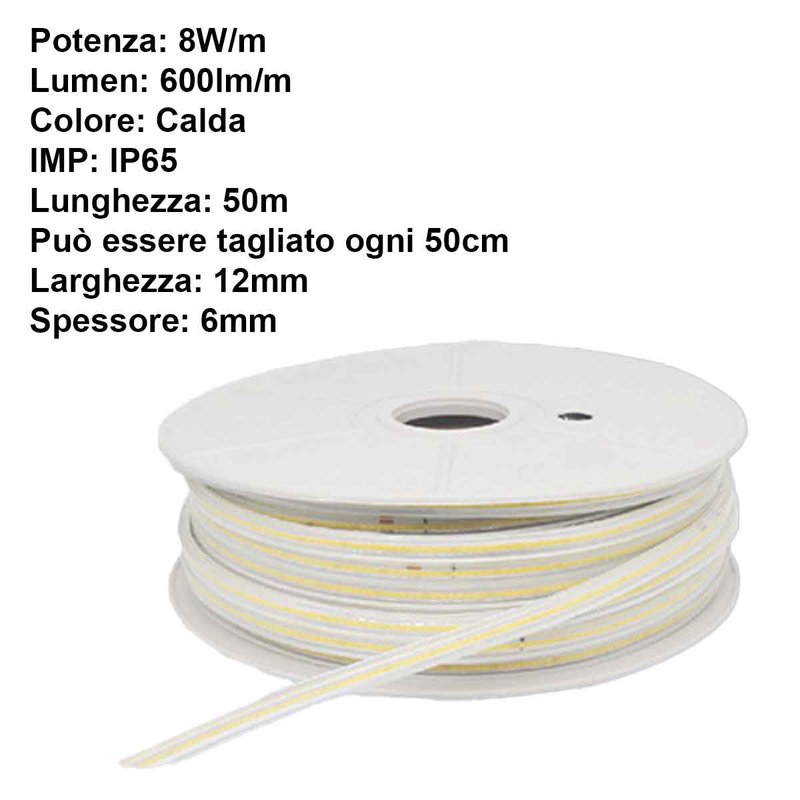 Striscia Luminosa COB 50M 8W/M 220V-240V Luce Calda 3000K 600lm IP65 CRI=80 Angolo 180°