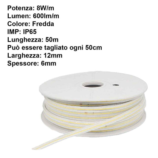 Striscia Luminosa COB 50M 8W/M 220V-240V Luce Fredda 6500K 600lm IP65 CRI=80 Angolo 180°